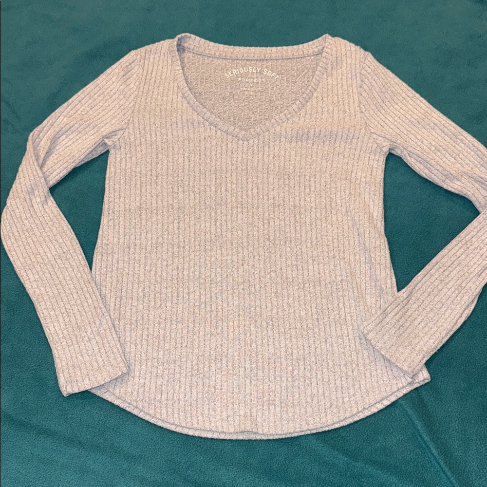 Aero Ribbed V-Neck Long Sleeve Top Size XS Gray